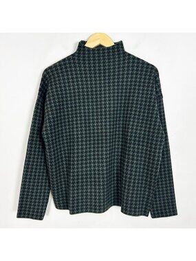 NEW Tahari Mock Neck Sweater Black Green Houndstooth Size Large Women's